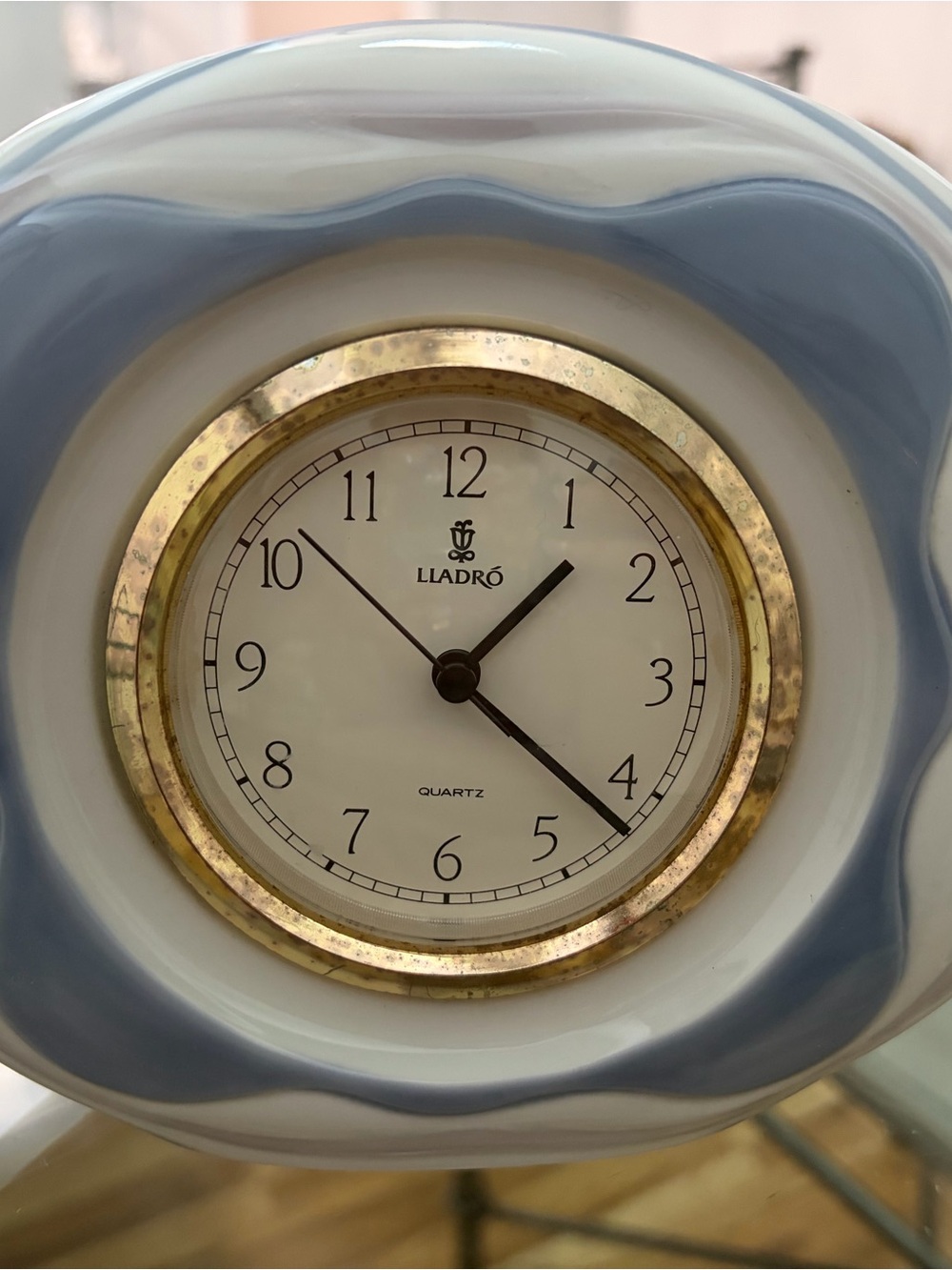 Lladro Blue and White Ceramic Wall Clock with Gold Bezel